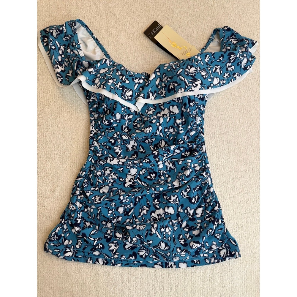 Profile by Gottex Juliette Ruffle Floral Tankini Top Teal Blue Sz 6 E25081B08